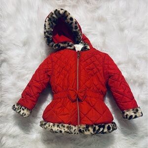 Pistachio Girls Ruby Red Coat Faux Fur Leopard Trim Size 3T